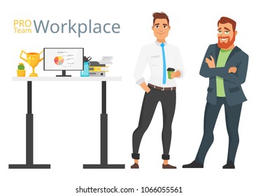 Vector cartoon style illustration of professional businessman characters and workplace. Isolated on white background.