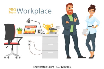 Vector cartoon style illustration of professional businessman characters bearded man and woman. Business workplace. Isolated on white background.