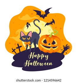 Vector cartoon style illustration of pumpkin, witch cat and bats, isolated on white background. Print for t-shirt or poster design. Happy Halloween text.
 