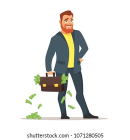 Vector cartoon style illustration of red bearded businessman with suitcase full of money. Investor concept.