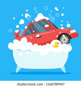 Vector cartoon style illustration of red car in bath tub full of soap foam. Yellow rubber duck in bathtub. Car wash concept.