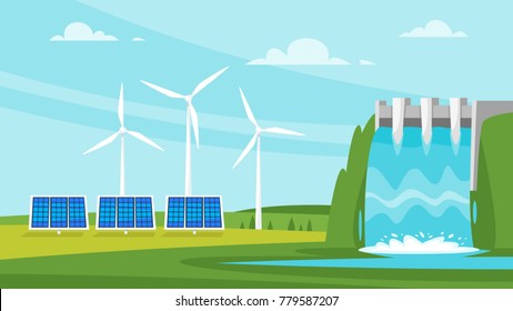 Vector cartoon style illustration of Renewable and sustainable energy sources - wind mill and solar panels. Environmental and ecology concept. Horizontal composition of background.