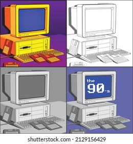 Vector cartoon style illustration of a retro personal computer made in four different versions: colorful, outline, grayscale and very peri background with "the 90-s" inscription on the blue screen.