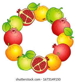 Vector cartoon style illustration. Round frame of ripe apples, pomegranates and pears. Thanksgiving Day. Rosh hashanah jewish new year holiday.