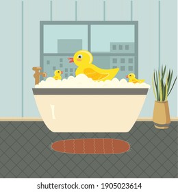 Vector cartoon style illustration of rubber duck family floating in the bath full of soap foam. Interior in green colors and window with city view on the background