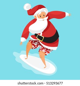 Vector cartoon style illustration of Santa surfer. Holiday greeting card template. Isolated on blue background.