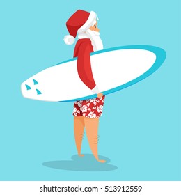 Vector cartoon style illustration of Santa surfer. Holiday greeting card template. Isolated on blue background.