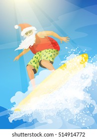 Vector cartoon style illustration of Santa surfer riding the wave. Holiday Christmas and New Year greeting card template.