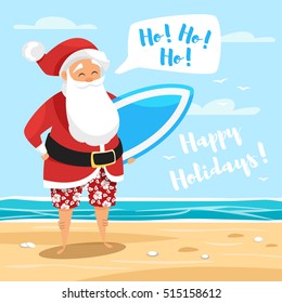 Vector cartoon style illustration of Santa surfer. Holiday greeting card template. 