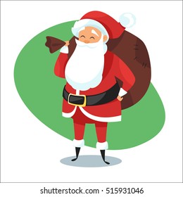 Vector cartoon style illustration of Santa with bag of gifts. Holiday greeting card template. Isolated on white background.