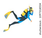 Vector cartoon style illustration of scuba diver on white background