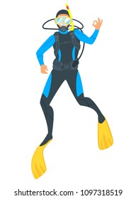 Vector Cartoon Style Illustration Of Scuba Diver On White Background