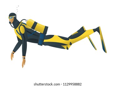Vector cartoon style illustration of scuba diver on white background