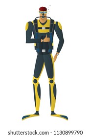 Vector cartoon style illustration of scuba diver on white background