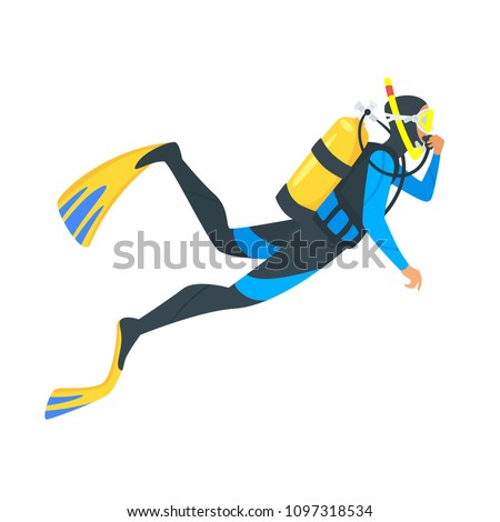 Vector cartoon style illustration of scuba diver on white background