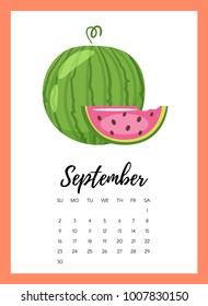 Vector cartoon style illustration of September 2018 year calendar page with watermelon. Template for print.