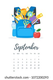 Vector cartoon style illustration of September 2018 year calendar page with blue backpack with school stationary. Template for print.