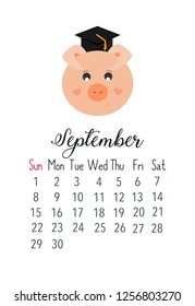 Vector cartoon style illustration of September 2019 year cute calendar page with pink pig with graduation cap. Template for print.