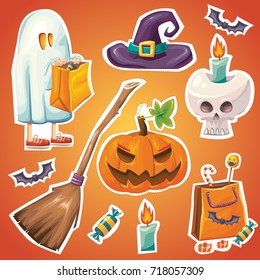 Vector cartoon style illustration set of Halloween sticker patch design collection: pumpkin, ghost costume, broom, human skull, bats, candies and witch hat