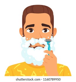 Vector cartoon style illustration of shaving man with beard full of foam. White background.