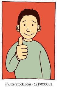 Vector cartoon style illustration of a smiling kid giving thumb up