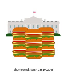 Vector cartoon style illustration of stacks of hamburgers in front of the white house 