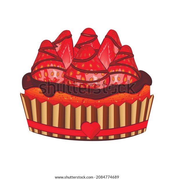 Vector cartoon style illustration with strawberry\
tart isolated on white.Delicious dessert with chocolate\
cream.Strawberry halves in sweet glaze.Baking in a package\
decorated with heart\
.\
