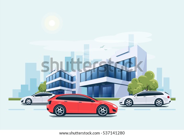 Vector cartoon style\
illustration of street with cars and modern business office\
building with green trees in background. Heavy traffic on the road.\
House has glass facade.\
