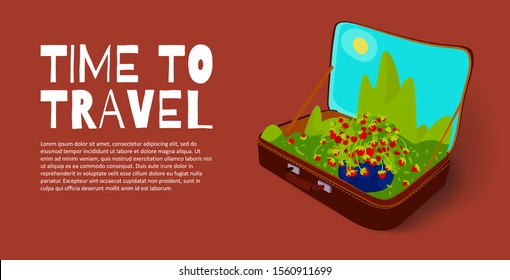 Vector cartoon style illustration of  suitcase. Time to travel text. Travel and tourism.