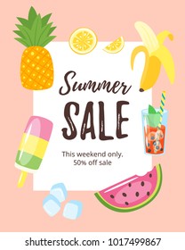 Vector cartoon style illustration of Summer Sale banner with colorful fruits around on pink background. 