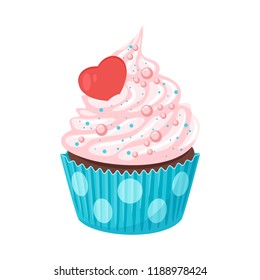 Vector Cartoon Style Illustration Of Sweet Cupcake. Muffin Isolated On White Background. Yummy Dessert Decorated With Sprinkles And Red Heart.