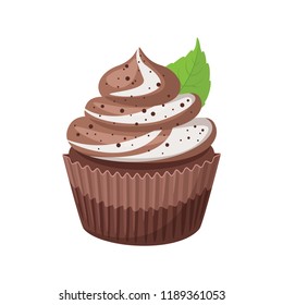 Vector cartoon style illustration of sweet cupcake. Muffin isolated on white background. Yummy chocolate brownie dessert decorated with mint leaves.