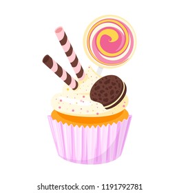 Vector cartoon style illustration of sweet cupcake. Muffin isolated on white background. Yummy dessert decorated with round candy lollipop and biscuit.