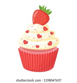 Vector cartoon style illustration of sweet cupcake. Muffin isolated on white background. Yummy dessert decorated with ripe strawberry and red hearts.