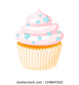 Vector cartoon style illustration of sweet cupcake. Muffin isolated on white background. Yummy dessert decorated with blue stars.