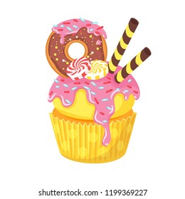 Vector cartoon style illustration of sweet cupcake. Muffin isolated on white background. Yummy dessert decorated with doughnut, candies and pink icing.