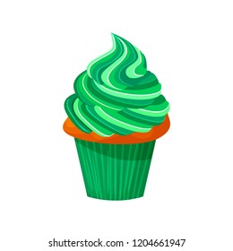 Vector cartoon style illustration of sweet cupcake. Delicious sweet dessert decorated with green creme. Muffin isolated on white background. eps 10