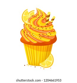 Vector cartoon style illustration of sweet cupcake. Delicious sweet dessert decorated with creme and lemon. Muffin isolated on white background. eps 10