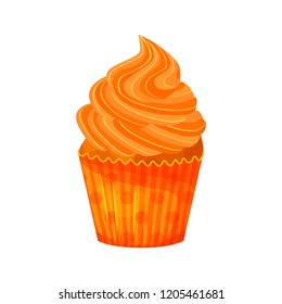 Vector cartoon style illustration of sweet cupcake. Delicious sweet dessert decorated with orange creme. Muffin isolated on white background. eps 10