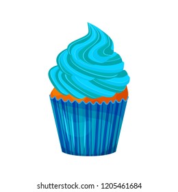Vector cartoon style illustration of sweet cupcake. Delicious sweet dessert decorated with blue creme. Muffin isolated on white background. eps 10