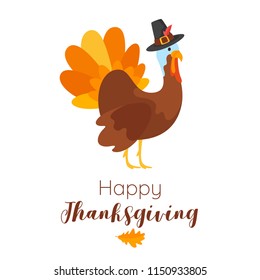 Vector cartoon style illustration of Thanksgiving Day greeting card, banner or poster template. Fall holiday celebration design with typography. Turkey in traditional pilgrim hat.