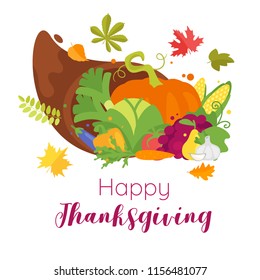 Vector cartoon style illustration of Thanksgiving Day greeting card, banner or poster template. Fall holiday celebration design with typography. Festive cornucopia with pile of vegetables.