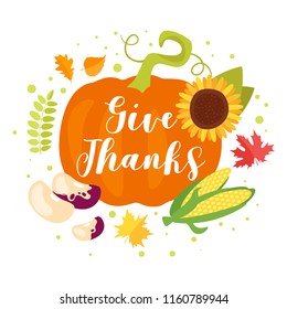 Vector cartoon style illustration of Thanksgiving Day greeting card, banner or poster template. Fall holiday celebration design with typography. Big pumpkin, beans and corn. Background with leaves.