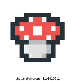 Vector cartoon style illustration of toadstool mushroom pixel art icon. Isolated on white background.