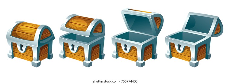 Vector cartoon style illustration of treasure chest for animation. Open and closed antique box. Isolated on white background. Game user interface (GUI) element for video games, computer or web design.