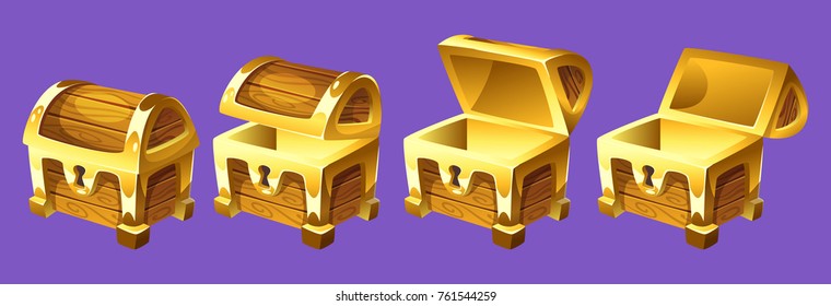 Vector cartoon style illustration of treasure chest for animation. Open and closed antique box. Isolated on white background. Game user interface (GUI) element for video games, computer or web design.