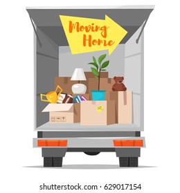 Vector cartoon style illustration of truck with open bodywork and home stuff inside. Cardboard boxes in van. Concept for home moving. Isolated on white background. 