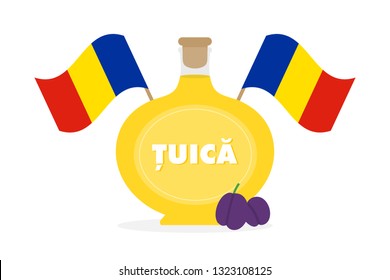 Vector cartoon style illustration of tuica, traditional romanian spirit, alcoholic drink made of plums, decorated with flags of Romania.