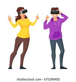 Vector cartoon style illustration of two characters: man and woman in virtual reality glasses. Isolate on white background.