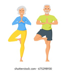 Vector Cartoon Style Illustration Of Two Characters: Happy Senior Man And Woman Doing Yoga Exercise. Isolated On White Background.